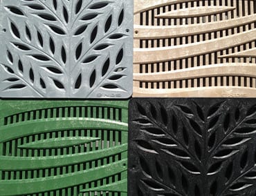 NDS Deco- Silver, Gold, Black, and Green Decorative Patterned Drainage Grates | TDS- Trench Drain Systems